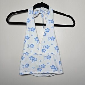 Hollister White Blue Floral Halter Top Sleeveless Crop Top Medium